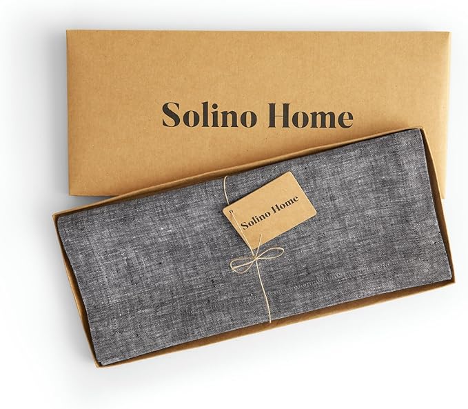 Solino Home Linen Small Table Runner 36 Inches - Athena, 100% Pure Linen Chambray Black Table Runner 14 x 36 Inch Ideal for Dresser and Coffee Tables - Halloween, Thanksgiving, Holiday