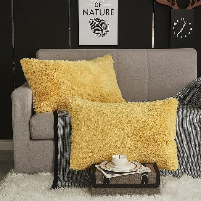 WERDIM Shaggy Faux Fur Pillowcases 2 Pack Button Closure Velvet Pillow Shams Standard/Queen Size (Yellow, 20 X 26 Inches)