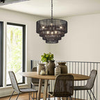 19.7" Hand-Woven Rattan Chandelier Vintage Farmhouse 6-Lights Boho Black Bamboo Chandeliers Light Fixture Retro Drum Wicker Rattan Chandelier for Dining Room, Kitchen Island, Bedroom, E12