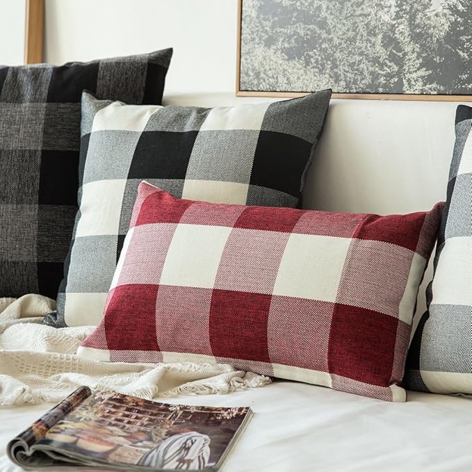 MIULEE Pack of 2 Christmas Farmhouse Checkers Buffalo Plaids Polyester Linen Soft Solid White and Red Decorative Porch Throw Pillow Covers Home Decor Cushion Case for Sofa Bedroom 12 x 20 Inch