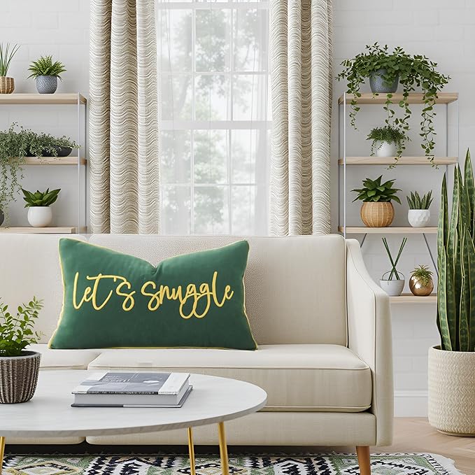 Sunkifover Let's Snuggle Decorative Lumbar Pillow Cover - 12x20 Inch Green and Gold Cotton Embroidery Throw Pillowcase for Bed, Bedroom, Living Room, Home Decor