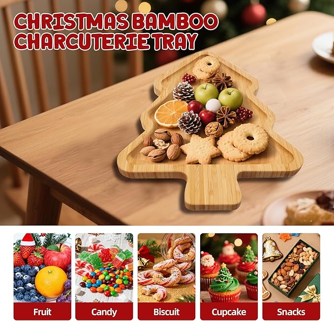 TJ POP Christmas Tree Serving Platter | Decorative Bamboo Serving Tray for Cheese, Cookies, Dessert | 12 x 9 Inches | Natural Wood Candy Snack Board Cute Charcuterie Board | Holiday Kitchen Decor