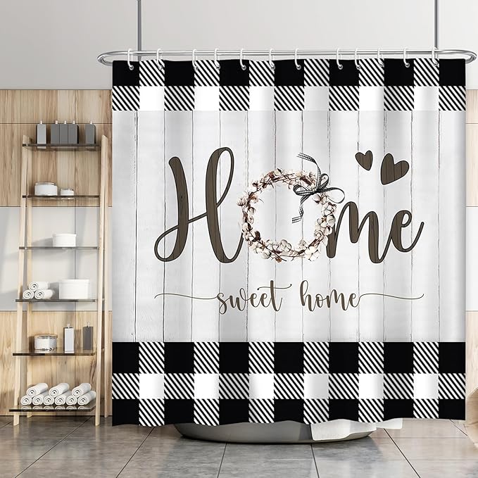 Black and White Plaid Farmhouse Shower Curtain Home Sweet Home Rustic Floral Bathroom Curtains Waterproof Polyester Fabric Bath Curtain 72 x 72 Inch with 12 Hooks