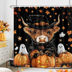 Halloween Cow Shower Curtain, Rustic Fall Pumpkin Spooky Ghost Shower Curtain Set with Hooks, Farmhouse Autum Funny Bull Witch Hat Thanksgiving Harvest Bathroom Curtain, 72X72In Orange Black