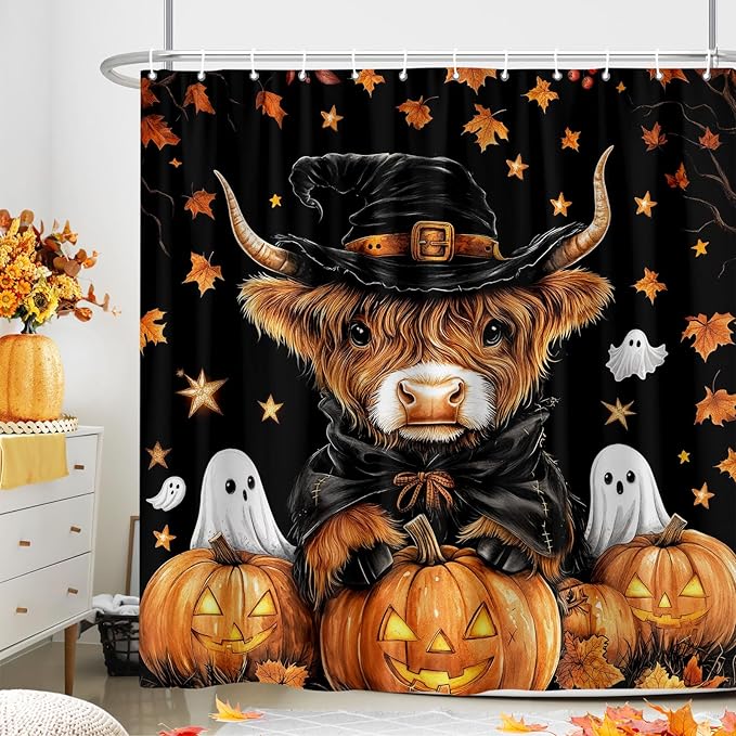 Halloween Cow Shower Curtain, Rustic Fall Pumpkin Spooky Ghost Shower Curtain Set with Hooks, Farmhouse Autum Funny Bull Witch Hat Thanksgiving Harvest Bathroom Curtain, 72X72In Orange Black