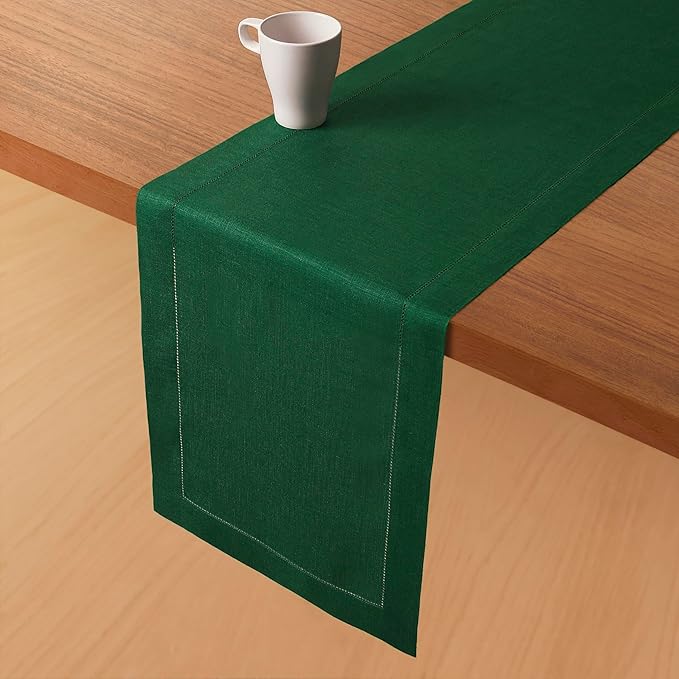 D'Moksha Homes Linen Forest Green Table Runner 48 Inches - Classic Hemstitch, 100% Pure Linen Coffee Table Runner 14 x 48 Inch Ideal for Dresser Tables - Fall, Autumn and Halloween