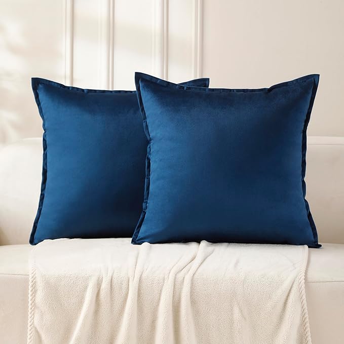 VAKADO Throw Pillow Covers 16x16 Set of 2 Dark Blue Velvet Decor Decorative Couch Cushion Euro Pillowcases with Fringe Home Bed Decoration for Sofa Bedroom Office