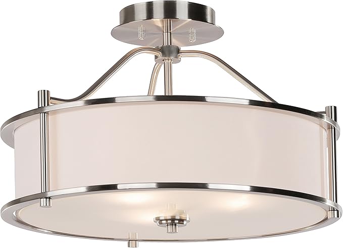 XiNBEi Lighting Semi Flush Mount Ceiling Light 18 inch 3 Light Close to Ceiling Light with Fabric Shade and Glass Diffuser, Brushed Nickel Drum Semi Flush Light for Dinning & Bedroom XB-SF1199-BN