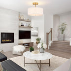 3-Light Semi Flush Mount Ceiling Light Modern Gold Drum Light Fixtures with White Fabric Cover Shade Round Chandelier for Bedroom Living Room Kitchen and Hallway