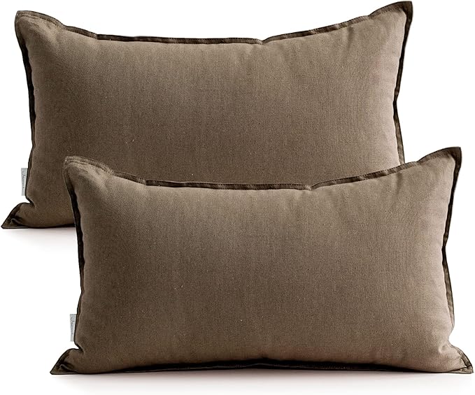 Jeanerlor Natural Cotton Linen Green Decorative 12"x20" Throw Pillow Case Cushion Cover with Twin Needles Stitch on Edge for Lumbar, (30 x 50cm), 2 Pcs, Khaki