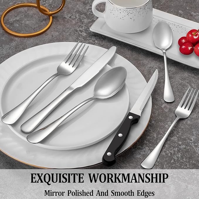 24 Pcs Silverware Set with Steak Knives Service for 4,Stainless Steel Flatware Set,Mirror Polished Cutlery Utensil Sets,Home Kitchen Eating Tableware Sets,Include Fork Knife Spoon,Dishwasher Safe