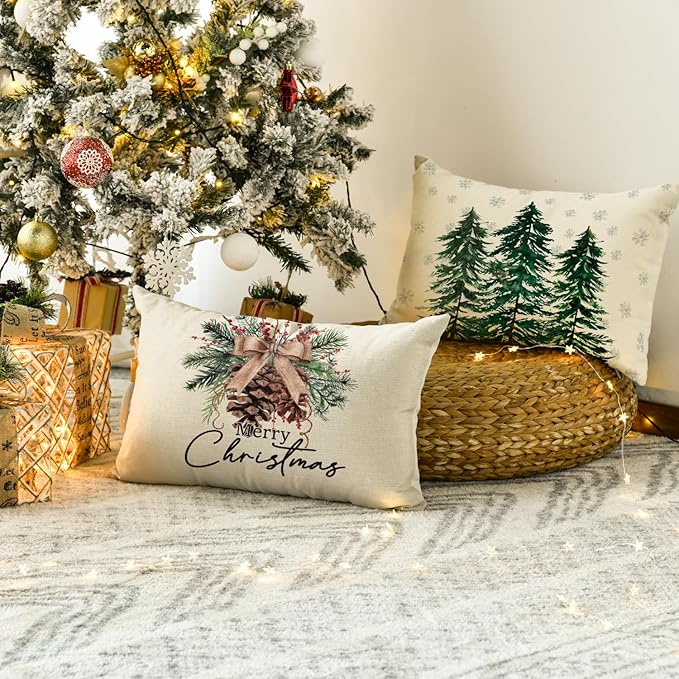 AVOIN colorlife Merry Christmas Trees Reindeer Snowflake Throw Pillow Covers, 12 x 20 Inch Xmas Red Berries Hello Winter Holiday Cushion Case Decoration for Sofa Couch Set of 4