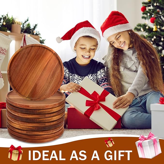 Rtteri 10 Pieces Acacia Round Wood Plates 14 x 1 Inch Dinner Plates Wooden Charger Platter Bulk Easy Cleaning Lightweight Serving Tray for Dishes Snack Dessert