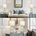 27" Tall Vintage Table Lamp Set of 2 with USB C+A & Outlet,Nightstand Lamp for Living Room,Coastal Bedside Lamps with Frosted Glass Night Light for Bedroom Entryway,Blue