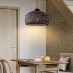 Black Bamboo Pendant Light, 11.8inch Hand-Woven Natural Wicker Rattan Farmhouse Lamp, Boho Hanging Chandelier, Rustic Kitchen Island Ceiling Pendant Light for Living Room, Dining, Foyer