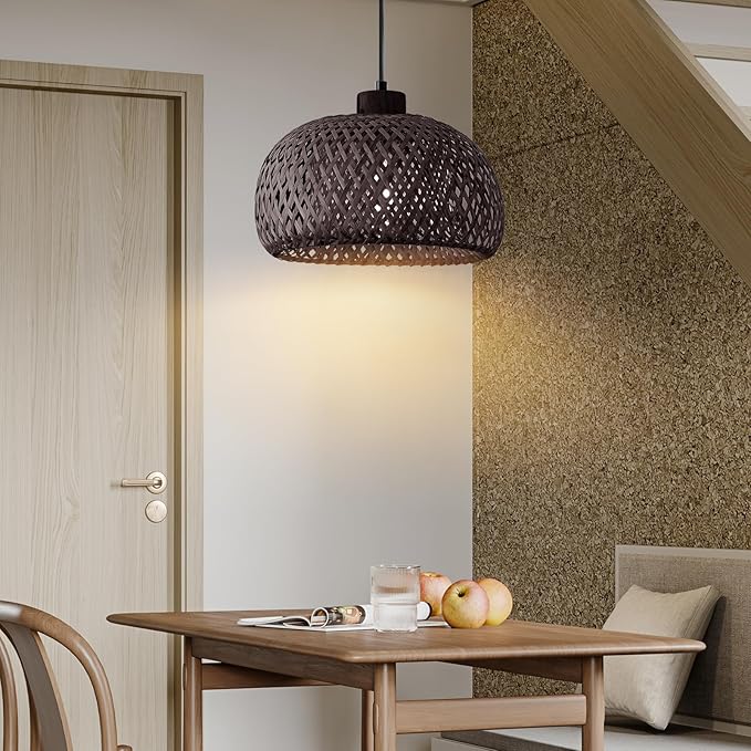 Black Bamboo Pendant Light, 11.8inch Hand-Woven Natural Wicker Rattan Farmhouse Lamp, Boho Hanging Chandelier, Rustic Kitchen Island Ceiling Pendant Light for Living Room, Dining, Foyer