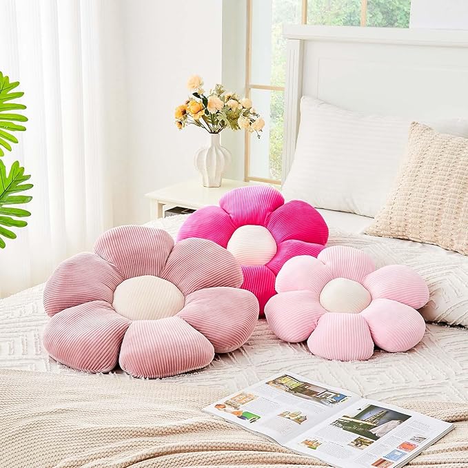Hot Pink Flower Pillow, 19.6" Cute Flower Shaped Floor Pillow, Aesthetic Floral Plush Daisy Decorative Throw Pillows for Bed Sofa Couch