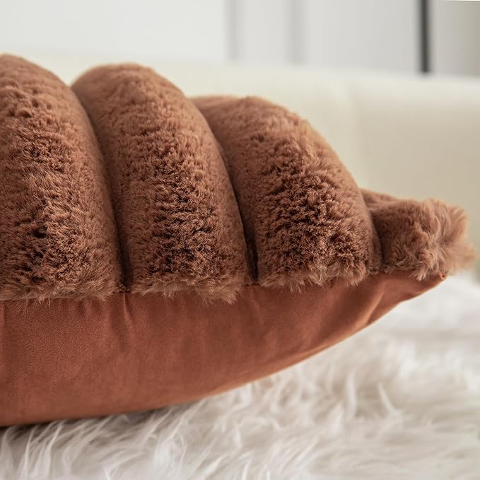 Neelvin Brown Faux Fur Cozy Soft Stripe Decorative Throw Pillow Covers 16x16 inch Set of 2,Velvet Pillowcase Cushion Case for Sofa Couch