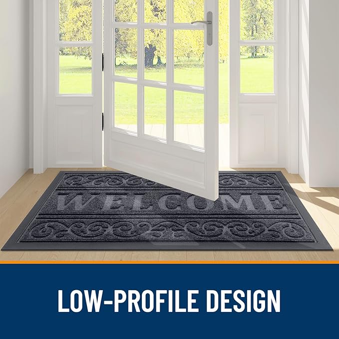 OLANLY Welcome Door Mat Indoor Outdoor Entrance, Heavy Duty Sturdy Front Door Mat, Waterproof All-Weather Doormat, Stain Resistant, Low Profile, Easy Clean Patio Entryway Mat, 36 x 24, Grey