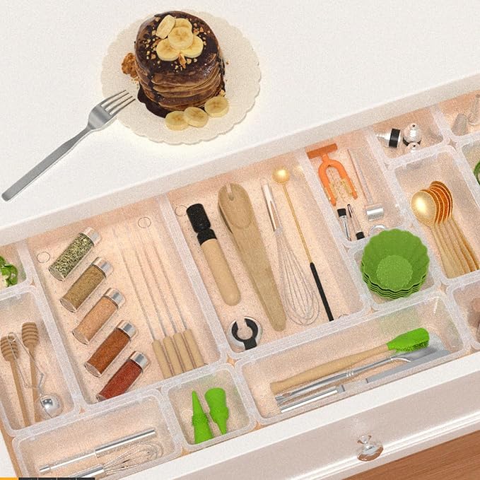 45 PCS Clear Plastic Drawer Organizers Set, 4-Size Versatile Bathroom and Vanity Drawer Organizer Trays, Storage Bins for Makeup, Bedroom, Kitchen Gadgets Utensils and Office