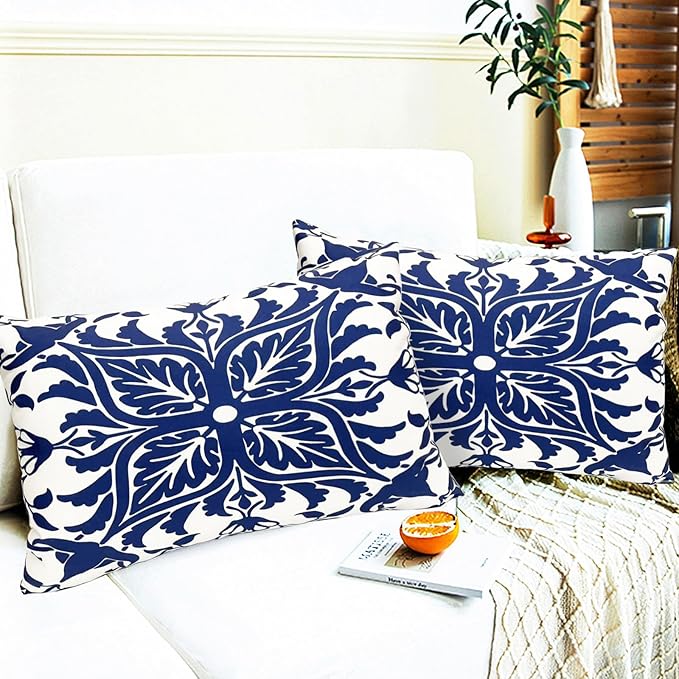 Decorative Throw Pillow Covers Set of 2 Blue Pillow Covers 12x20 inch Short Plush Floral Flower Throw Pillows,Farmhouse Cushion Covers Outdoor Pillow Covers for Couch Sofa Bed Living Room