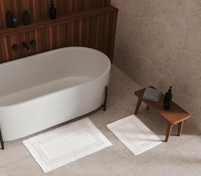THE BEER VALLEY Bath Rugs Set 2 Piece White Cotton Tufted Reversible Washable Bath Mats for Bathroom Floor| Quick Dry Bathroom Mat for Tub Spa Shower Toilet| Entry Way Door Mats|21x32 & 17x24 Inches