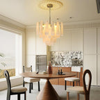Alabaster Round Chandelier, 22" 43 PCS Natural Spanish Marble Stone Chandelier, 4-Tiers Modern Luxury Brass Alabaster Chandeliers for Dining Room, Living Room, Bedroom, Bathroom, Entryway, Foyer
