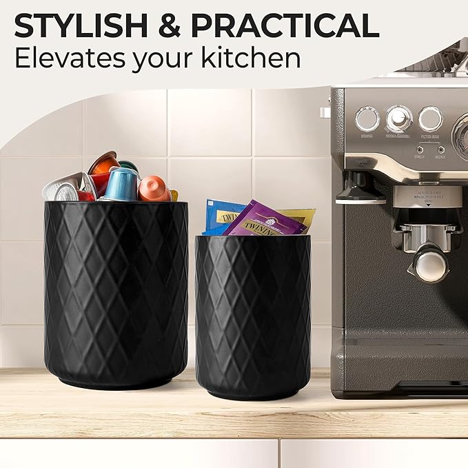 MIAMIO – Kitchen Utensil Holder Ceramic/Kitchen Organizer Set, Farmhouse Decor for Organizing Countertop and Storing Cutlery, Cooking Spoons, and Accessories - Palmanova Collection (Black)