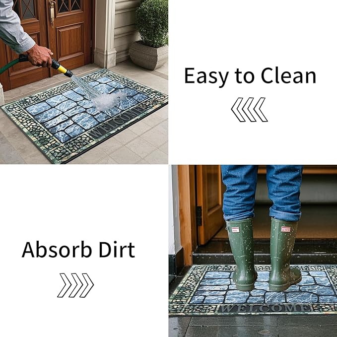 Door Mat Welcome Mat, Heavy Duty Door Mat 23.6 x 35.4 Inch Front Rug Doormat for Outdoor Entrance Home Non-Slip Rubber Rug for Front Door, Outside, Entryway, Patio (Blue Welcome)