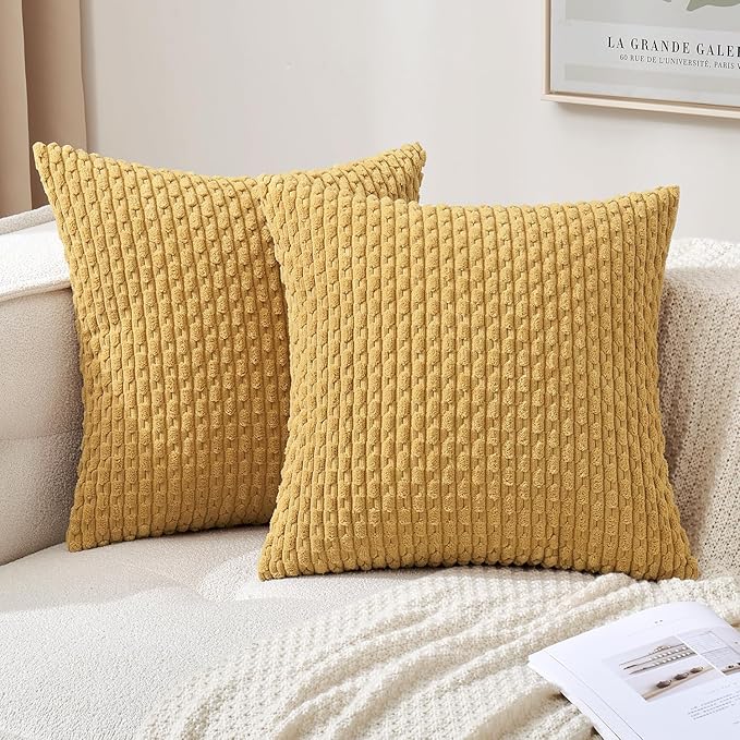 MIULEE Pack of 2 Decorative Throw Pillow Covers 16x16 Inch Soft Boho Striped Textured Corduroy Pillow Covers Modern Farmhouse Home Decor for Couch Bed Sofa Living Room Gold