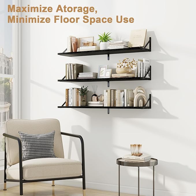 Fun Memories Long Wall Shelves for Bedroom, Set of 3 Large 40-Inch Floating Bookshelves, Rustic Wood Display Shelf for Home and Office (Black)