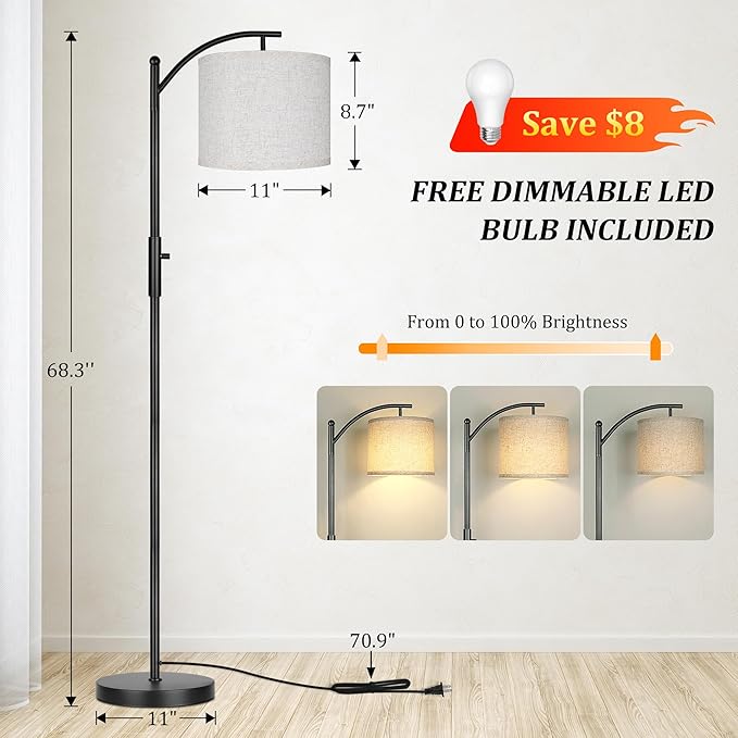 Dimmable Floor Lamp, Arc Floor Lamps for Living Room, Stepless Dimming Modern Standing Lamp with Linen Shade, Tall Lamp for Bedroom Office Dining Room- Black