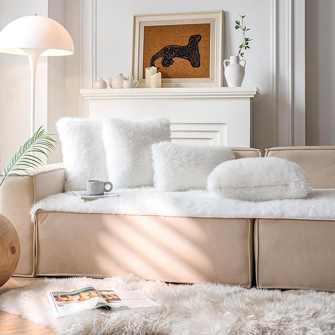 Neelvin Cream White Faux Fur Cozy Fluffy Double-Sided Decorative Throw Pillow Covers 22x22 inch Set of 2,Velvet Pillowcase Cushion Case for Sofa Couch