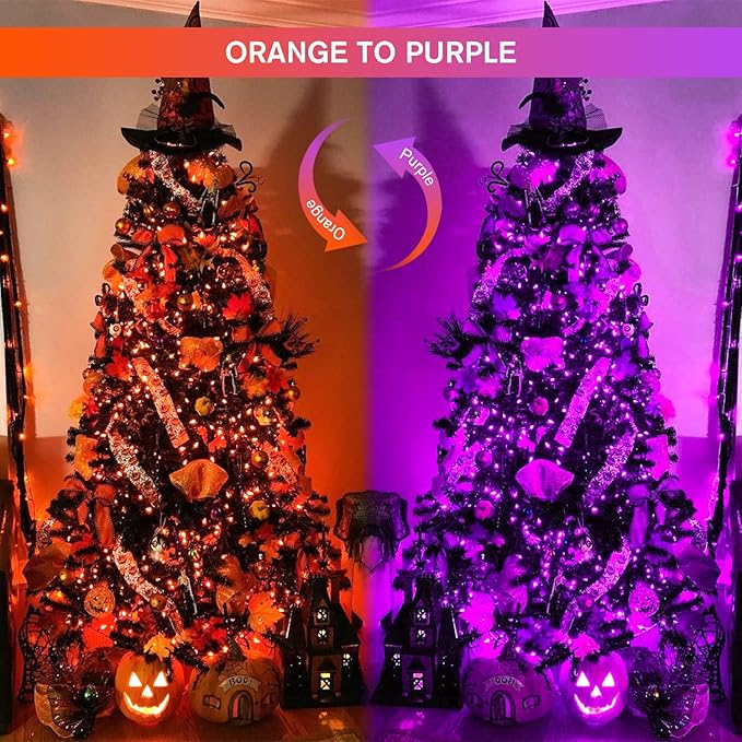 JMEXSUSS Christmas Lights, 8 Modes Waterproof Christmas Light Outdoor Plug in, Clear Wire String Lights Indoor Bedroom 500 LED Orange and Purple 163 FT