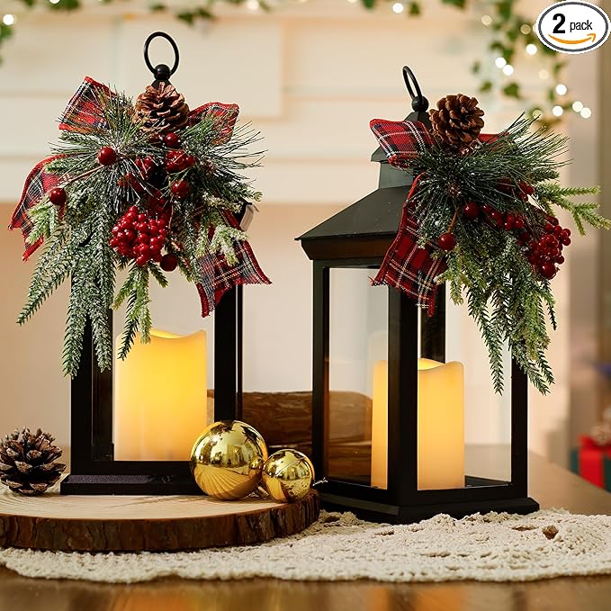 Christmas Lanterns Decorative Indoor, 2 Pack 14" Battery-Powered Waterproof Black LED Candle Lanterns with Timer for Outdoor, Vintage Hanging Lantern for Xmas Home Decorations, Transparent