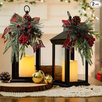 Christmas Lanterns Decorative Indoor, 2 Pack 14" Battery-Powered Waterproof Black LED Candle Lanterns with Timer for Outdoor, Vintage Hanging Lantern for Xmas Home Decorations, Transparent