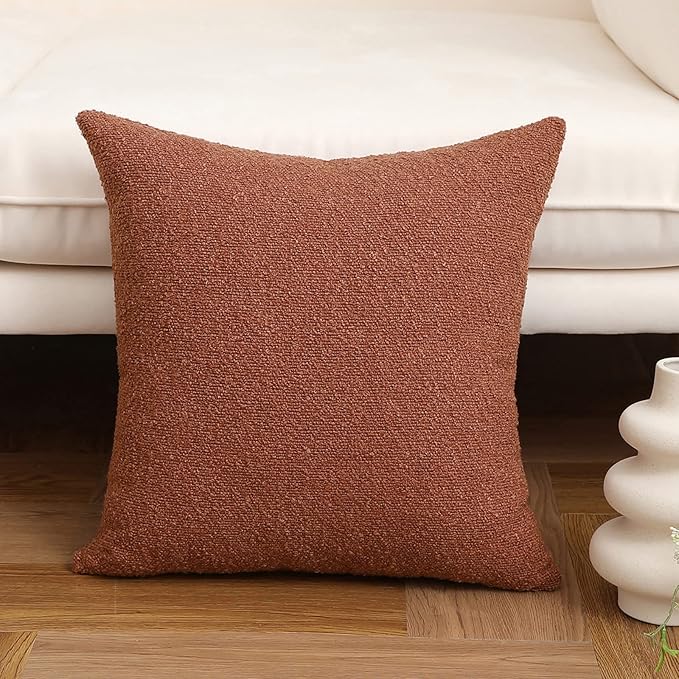 Jeneoo Ocher Decorative Square Thick Accent Terracotta Throw Pillow Covers Fine Textured Boucle Couch Cushion Case for Sofa Decor, Set of 1, 24 x 24 Inch