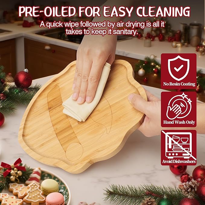 WILLKOMMEN Christmas Serving Tray, Bamboo Santa Claus Shaped Serving Platter, Charcuterie Board Serving Dishes 10" x 9" for Party Cookie Fruit Tray Cheese Board Plate
