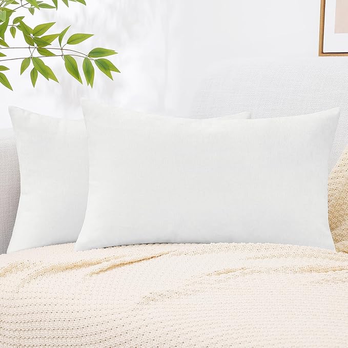 decorUhome Chenille White Throw Pillow Covers 12x20 Inch Set of 2, Decorative Soft Couch Pillow Covers Solid Dyed Accent Velvet Farmhouse Neutral Rectangle Christmas Pillow Cases for Sofa Living Room