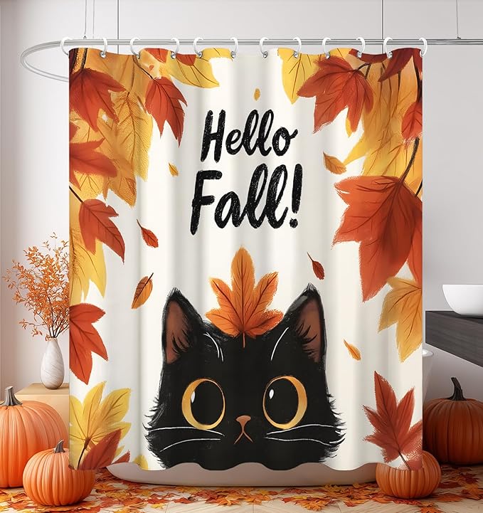 MAMUSE Fall Shower Curtain for Bathroom Stall Cute Decorative Waterproof Unique Design TeenWomen Cortinas de Baño Bathtub 72 x72 Inch, Cat Leaves