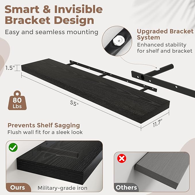 Floating Shelves for Wall with Invisible Brackets, Wall Mounted Engineered Wood Shelves with Wood Grain for Living Room, Bedroom, Bathroom, Kitchen Decor and Storage, Oak, 55"L Set of 2, Black