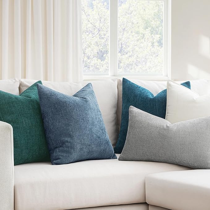 MIULEE Pack of 2 Decorative Throw Pillow Covers Soft Chenille Throw Pillows Solid Textured Cushion Covers for Couch Sofa Bedroom Living Room 20x20 Inch, Dark Grey Blue