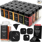 Square Spice Jars with Adjustable Rotating Lids (24 Pack) – 4oz Glass Spice Jars with 240 Labels, Funnel & Brush, Airtight Spice Containers for Kitchen Organization