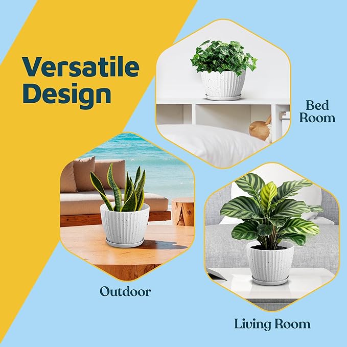 White Gray 6-Inch Plant Pots with Drainage & Saucers 18 Pack, Indoor & Outdoor Planters for Houseplants, Herbs, and Flowers, Durable & Weatherproof Material, Stackable, Lightweight, Minimalist Design