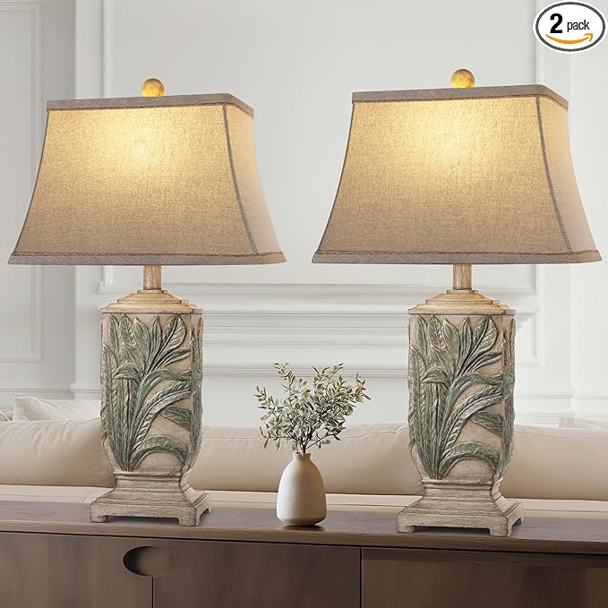 WIHTU 25" Vintage Table Lamps, 3 Color Temperature Rustic Retro Beside Lamp Set of 2, Farmhouse Resin Table Lamp for Living Room Bedroom Nightstands, Rotary Switch, Carved Leaf(2 Bulbs Included)