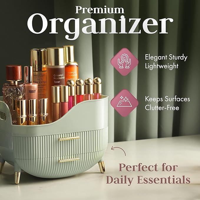Large Makeup Cosmetic Countertop - Cosmetic Organizer - Vanity, Bathroom Storage for Skin Care Organizer - Space-Saving Design with Drawers - Open-Top, Gold Accents, Portable Side Handles (Green)
