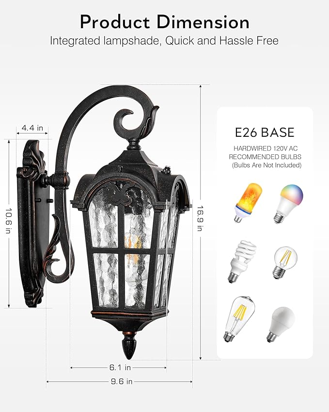 VIANIS Exterior Lighting Fixtures, Large Size Oil Rubbed Bronze Outdoor Wall Lights Dusk to Dawn, Waterproof Outdoor Light Fixtures Wall Mount with Tempered Water Ripple Glass for Patio, Entryway