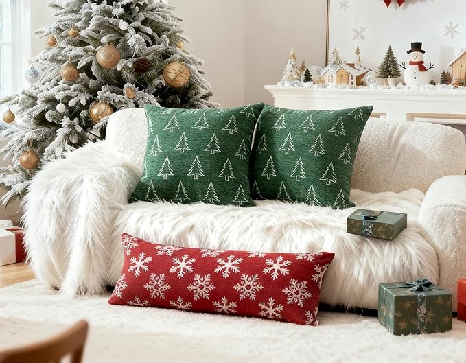 Reversible Christmas Pillow Covers 14x36, Chenille Double-Sided Snowflake & Tree, Cozy Farmhouse Holiday Throw Pillowcases with Hidden Zipper for Sofa, Couch and Bed(Red,36x14)