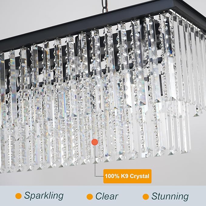 Modern Rectangular Crystal Chandelier, Farmhouse 21 Light Rectangle Chandeliers Hanging Ceiling Light Fixtures for Dining Room Kitchen Island, Living Room, Bedroom