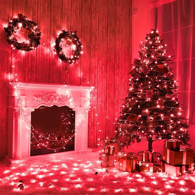 Vivideal 100 LED Red Christmas Lights Outdoor, 33ft Red String Lights 8 Modes Clear Wire, Connectable Waterproof Plug in Pink Led Light for Bedroom Indoor Outdoor Christmas Decorations